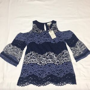 Lucky Brand Blue & White Lace Cold Shoulder Top